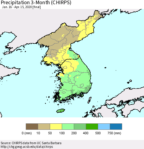 Korea Precipitation 3-Month (CHIRPS) Thematic Map For 1/16/2020 - 4/15/2020
