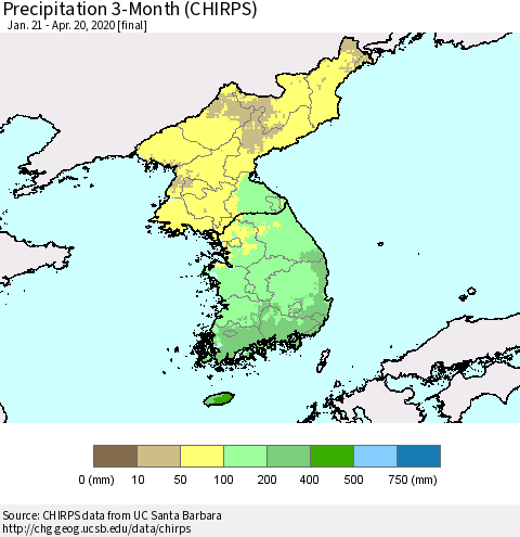 Korea Precipitation 3-Month (CHIRPS) Thematic Map For 1/21/2020 - 4/20/2020