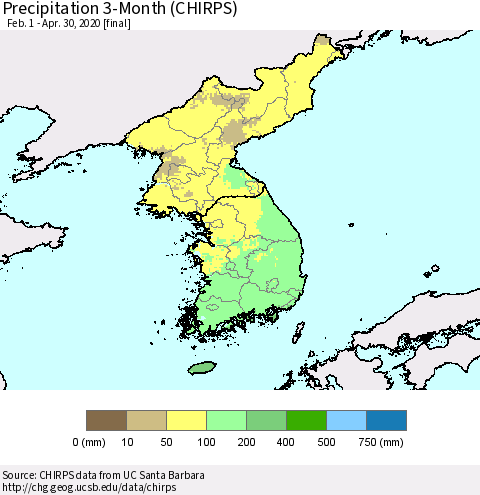 Korea Precipitation 3-Month (CHIRPS) Thematic Map For 2/1/2020 - 4/30/2020