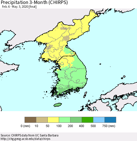 Korea Precipitation 3-Month (CHIRPS) Thematic Map For 2/6/2020 - 5/5/2020