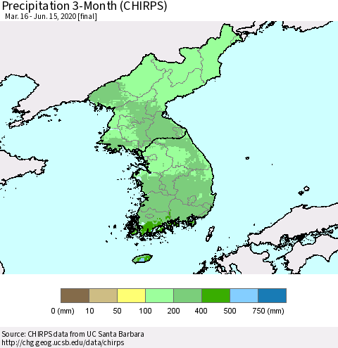 Korea Precipitation 3-Month (CHIRPS) Thematic Map For 3/16/2020 - 6/15/2020