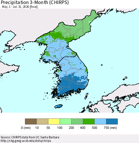 Korea Precipitation 3-Month (CHIRPS) Thematic Map For 5/1/2020 - 7/31/2020