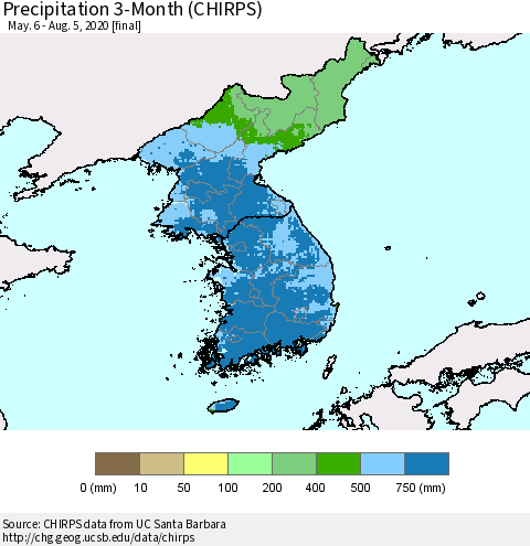 Korea Precipitation 3-Month (CHIRPS) Thematic Map For 5/6/2020 - 8/5/2020