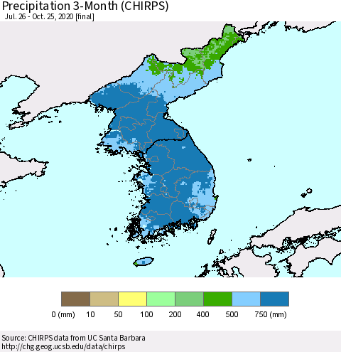 Korea Precipitation 3-Month (CHIRPS) Thematic Map For 7/26/2020 - 10/25/2020