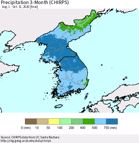 Korea Precipitation 3-Month (CHIRPS) Thematic Map For 8/1/2020 - 10/31/2020