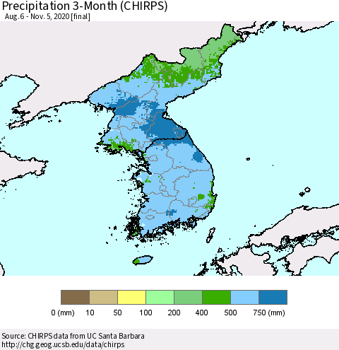 Korea Precipitation 3-Month (CHIRPS) Thematic Map For 8/6/2020 - 11/5/2020