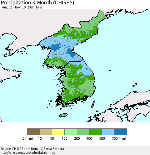Korea Precipitation 3-Month (CHIRPS) Thematic Map For 8/11/2020 - 11/10/2020