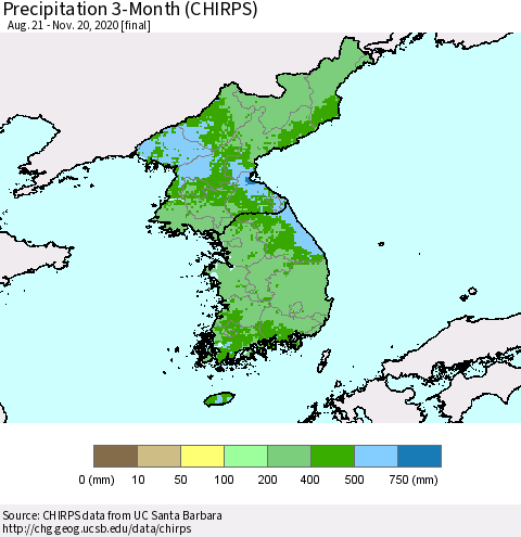 Korea Precipitation 3-Month (CHIRPS) Thematic Map For 8/21/2020 - 11/20/2020