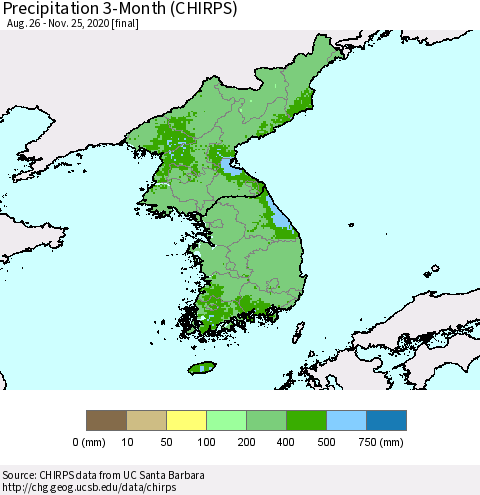 Korea Precipitation 3-Month (CHIRPS) Thematic Map For 8/26/2020 - 11/25/2020