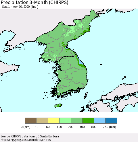 Korea Precipitation 3-Month (CHIRPS) Thematic Map For 9/1/2020 - 11/30/2020