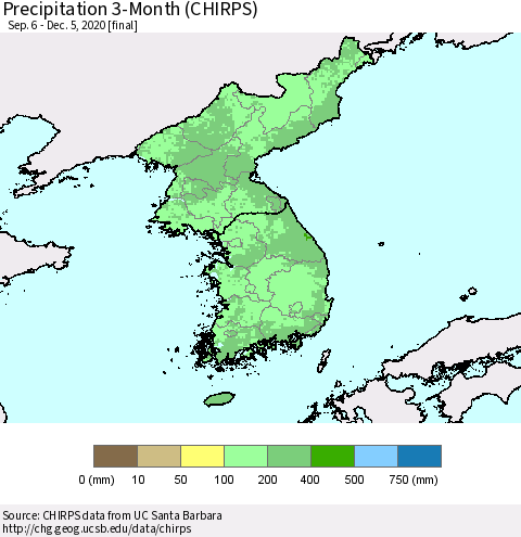 Korea Precipitation 3-Month (CHIRPS) Thematic Map For 9/6/2020 - 12/5/2020