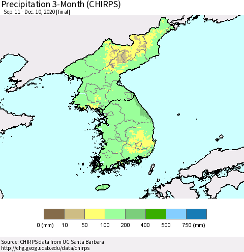 Korea Precipitation 3-Month (CHIRPS) Thematic Map For 9/11/2020 - 12/10/2020