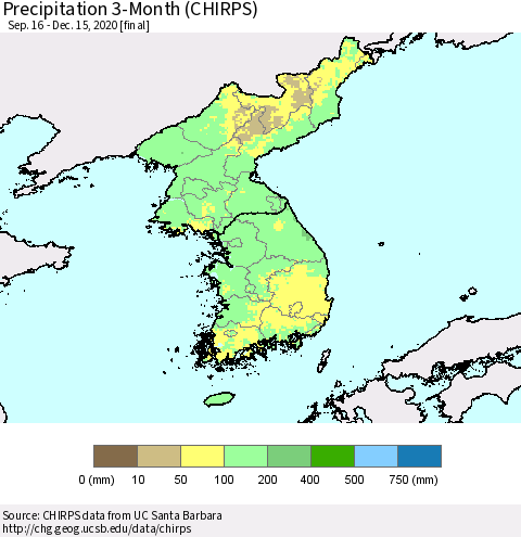 Korea Precipitation 3-Month (CHIRPS) Thematic Map For 9/16/2020 - 12/15/2020