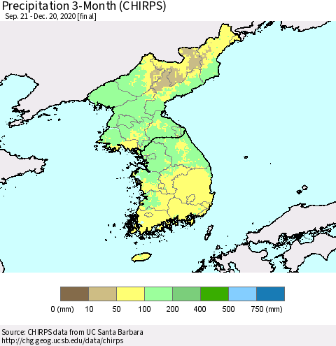Korea Precipitation 3-Month (CHIRPS) Thematic Map For 9/21/2020 - 12/20/2020