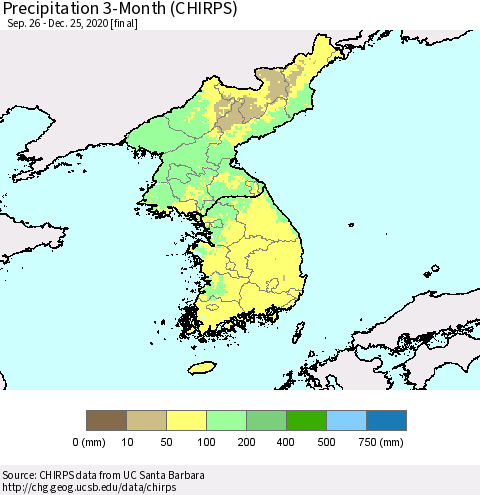 Korea Precipitation 3-Month (CHIRPS) Thematic Map For 9/26/2020 - 12/25/2020