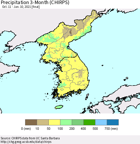 Korea Precipitation 3-Month (CHIRPS) Thematic Map For 10/11/2020 - 1/10/2021