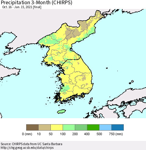 Korea Precipitation 3-Month (CHIRPS) Thematic Map For 10/16/2020 - 1/15/2021