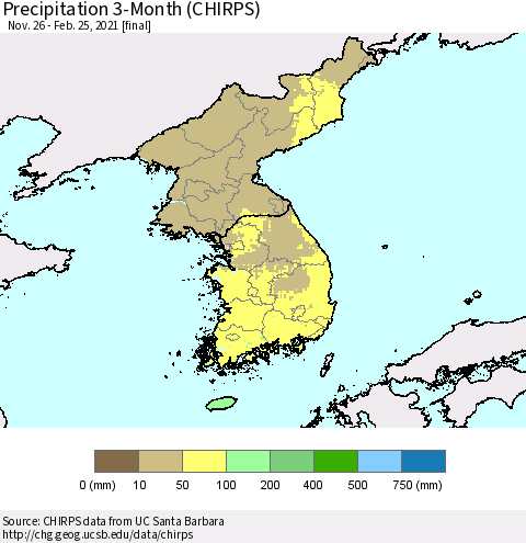 Korea Precipitation 3-Month (CHIRPS) Thematic Map For 11/26/2020 - 2/25/2021