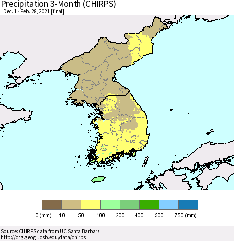 Korea Precipitation 3-Month (CHIRPS) Thematic Map For 12/1/2020 - 2/28/2021