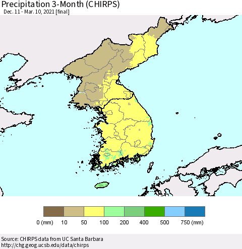 Korea Precipitation 3-Month (CHIRPS) Thematic Map For 12/11/2020 - 3/10/2021