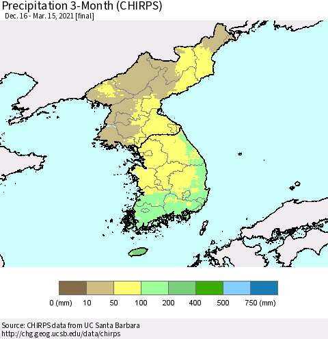 Korea Precipitation 3-Month (CHIRPS) Thematic Map For 12/16/2020 - 3/15/2021
