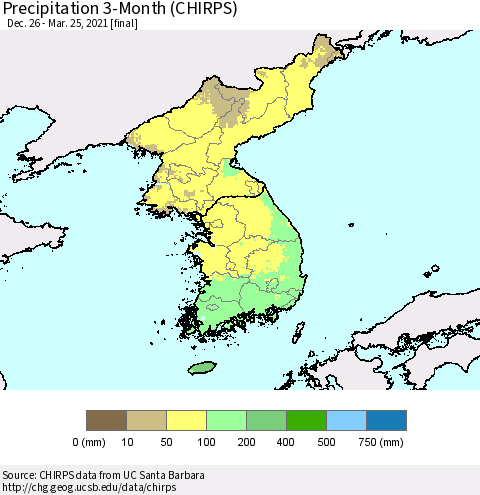 Korea Precipitation 3-Month (CHIRPS) Thematic Map For 12/26/2020 - 3/25/2021