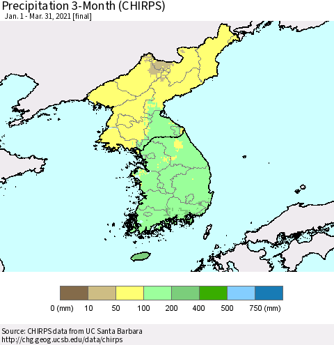 Korea Precipitation 3-Month (CHIRPS) Thematic Map For 1/1/2021 - 3/31/2021