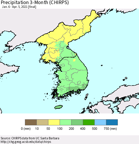 Korea Precipitation 3-Month (CHIRPS) Thematic Map For 1/6/2021 - 4/5/2021
