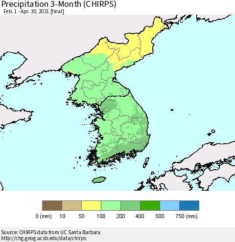 Korea Precipitation 3-Month (CHIRPS) Thematic Map For 2/1/2021 - 4/30/2021