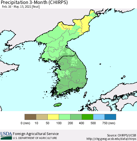 Korea Precipitation 3-Month (CHIRPS) Thematic Map For 2/16/2021 - 5/15/2021