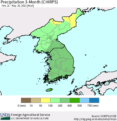 Korea Precipitation 3-Month (CHIRPS) Thematic Map For 2/21/2021 - 5/20/2021