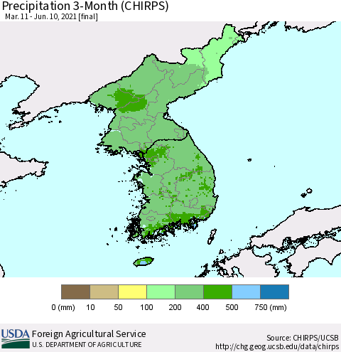 Korea Precipitation 3-Month (CHIRPS) Thematic Map For 3/11/2021 - 6/10/2021