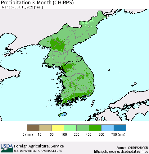 Korea Precipitation 3-Month (CHIRPS) Thematic Map For 3/16/2021 - 6/15/2021