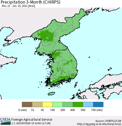 Korea Precipitation 3-Month (CHIRPS) Thematic Map For 3/21/2021 - 6/20/2021