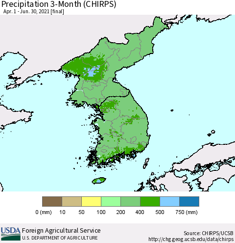 Korea Precipitation 3-Month (CHIRPS) Thematic Map For 4/1/2021 - 6/30/2021