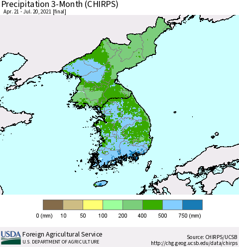 Korea Precipitation 3-Month (CHIRPS) Thematic Map For 4/21/2021 - 7/20/2021