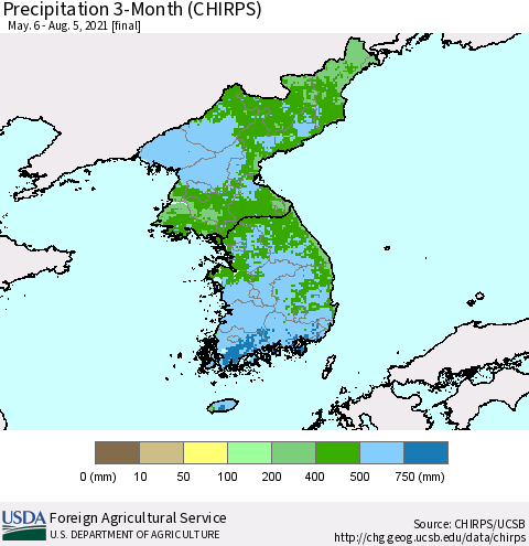 Korea Precipitation 3-Month (CHIRPS) Thematic Map For 5/6/2021 - 8/5/2021