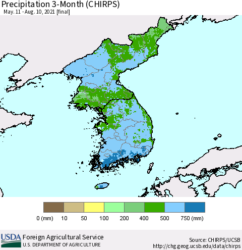 Korea Precipitation 3-Month (CHIRPS) Thematic Map For 5/11/2021 - 8/10/2021