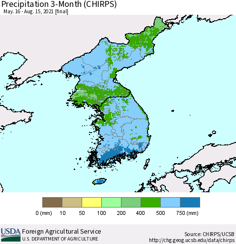 Korea Precipitation 3-Month (CHIRPS) Thematic Map For 5/16/2021 - 8/15/2021