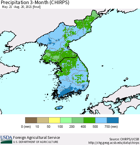Korea Precipitation 3-Month (CHIRPS) Thematic Map For 5/21/2021 - 8/20/2021