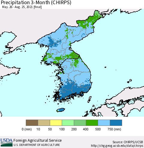 Korea Precipitation 3-Month (CHIRPS) Thematic Map For 5/26/2021 - 8/25/2021