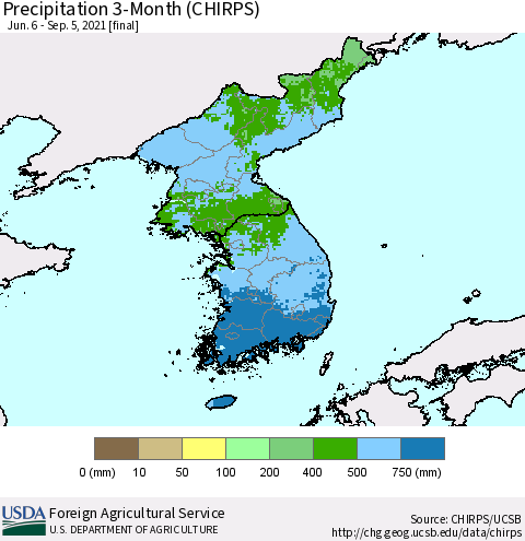 Korea Precipitation 3-Month (CHIRPS) Thematic Map For 6/6/2021 - 9/5/2021