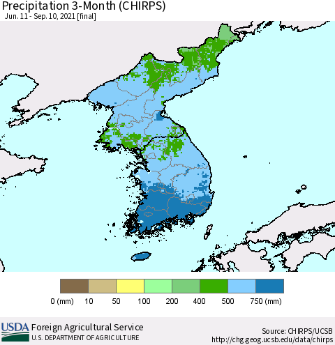 Korea Precipitation 3-Month (CHIRPS) Thematic Map For 6/11/2021 - 9/10/2021