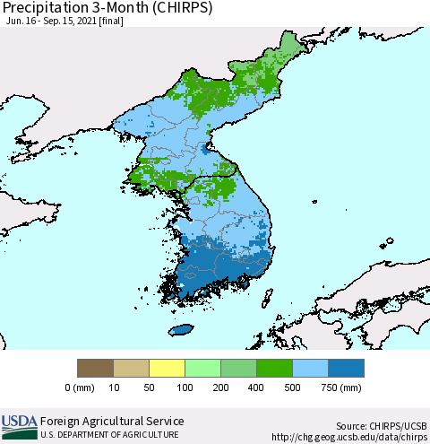 Korea Precipitation 3-Month (CHIRPS) Thematic Map For 6/16/2021 - 9/15/2021