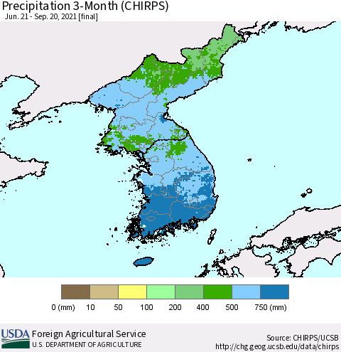 Korea Precipitation 3-Month (CHIRPS) Thematic Map For 6/21/2021 - 9/20/2021