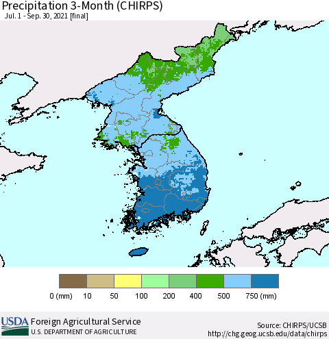 Korea Precipitation 3-Month (CHIRPS) Thematic Map For 7/1/2021 - 9/30/2021