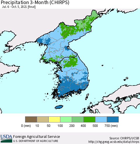 Korea Precipitation 3-Month (CHIRPS) Thematic Map For 7/6/2021 - 10/5/2021