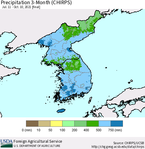 Korea Precipitation 3-Month (CHIRPS) Thematic Map For 7/11/2021 - 10/10/2021