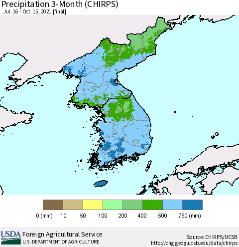 Korea Precipitation 3-Month (CHIRPS) Thematic Map For 7/16/2021 - 10/15/2021