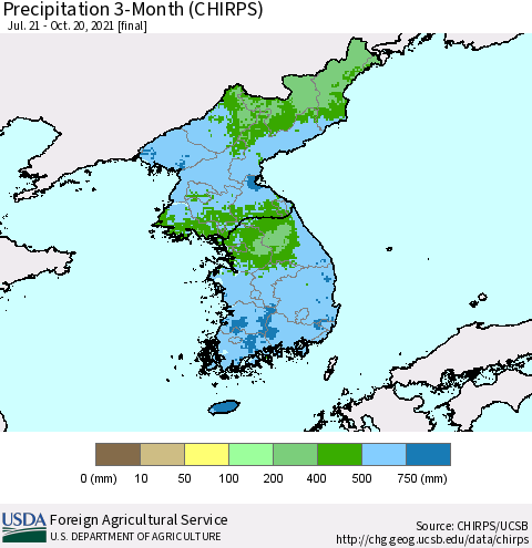 Korea Precipitation 3-Month (CHIRPS) Thematic Map For 7/21/2021 - 10/20/2021